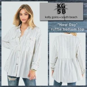 📌 Davi&Dani Lux Brand Snap Front Ruffled Bottom Striped Pockets, Pleated Details